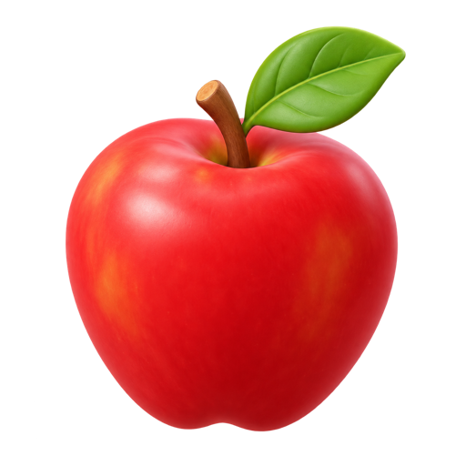 A rounded red apple with a green leaf